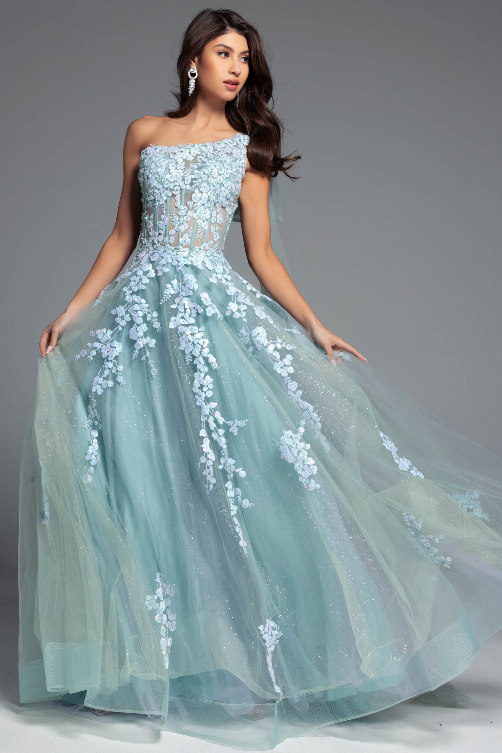 One Shoulder Ball Gown With Floral Appliqués And Sheer Bodice 37411