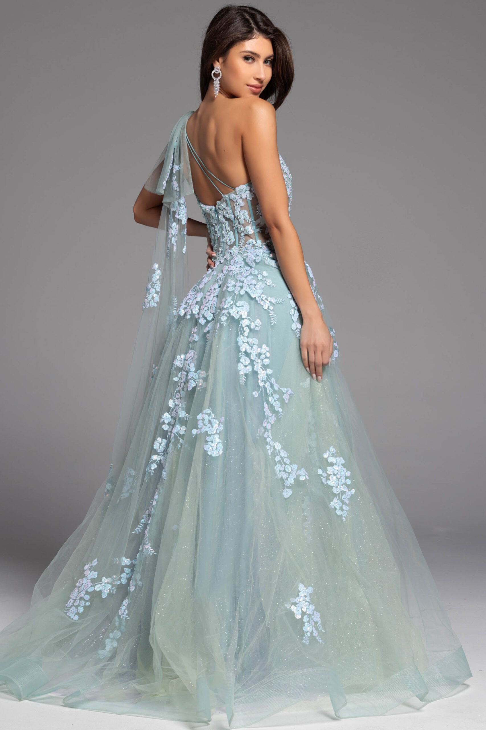 One Shoulder Ball Gown With Floral Appliqués And Sheer Bodice 37411
