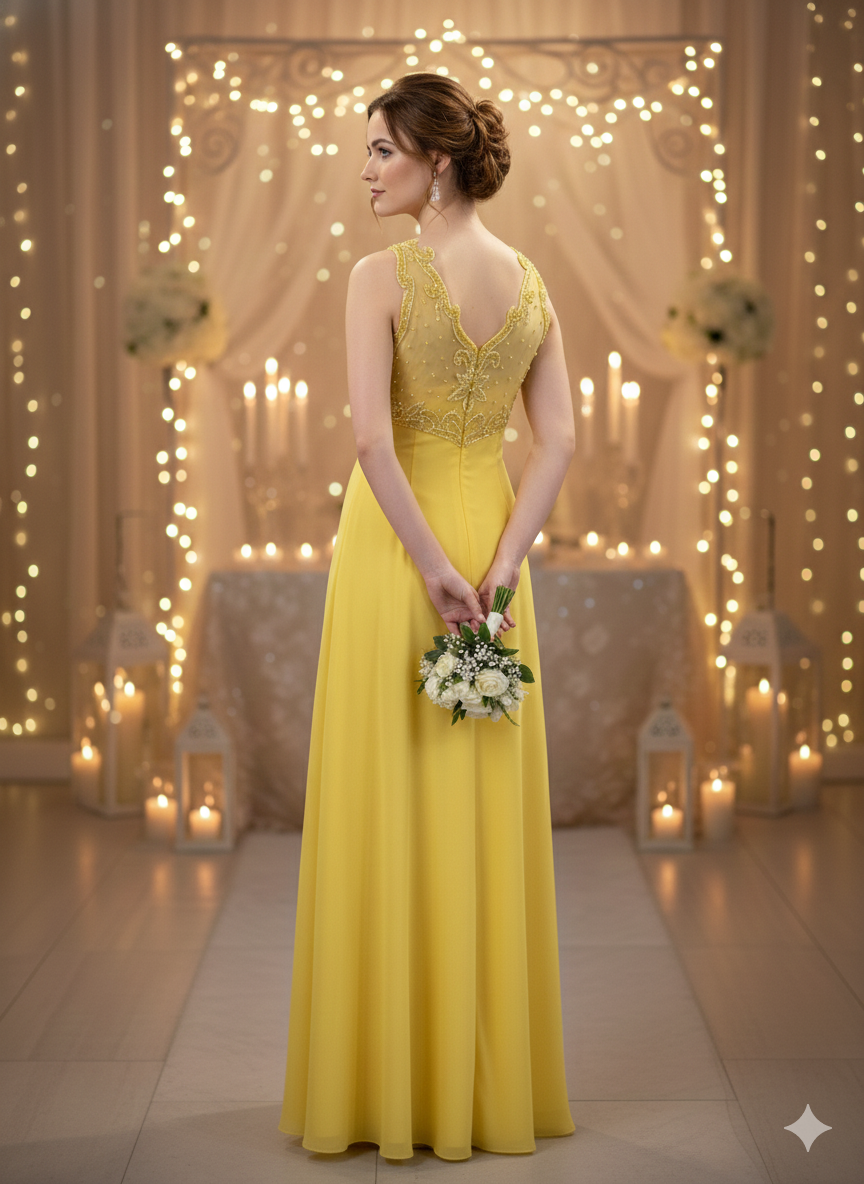 Yellow Aura High-Neck Chiffon Gown