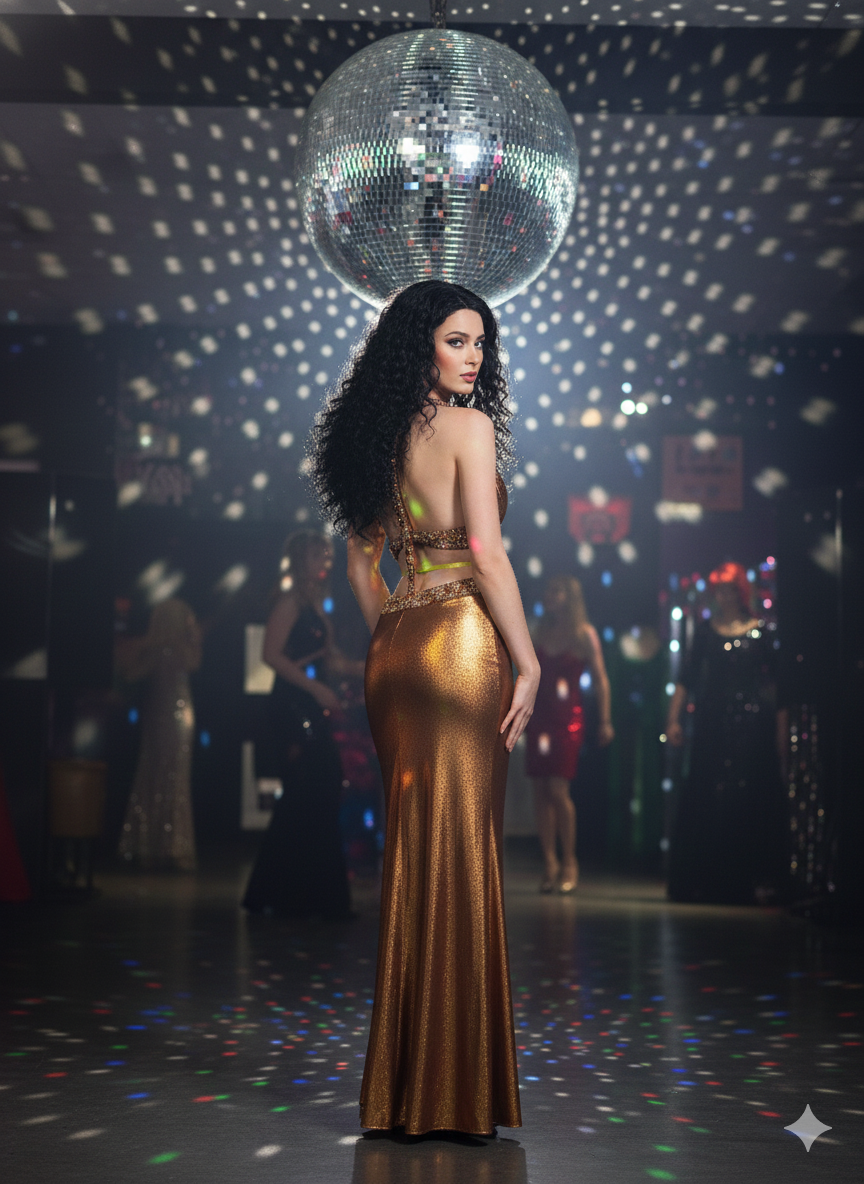 Copper Disco Halter Metallic Gown