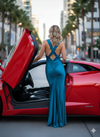 Teal Velocity Plunge Satin Gown
