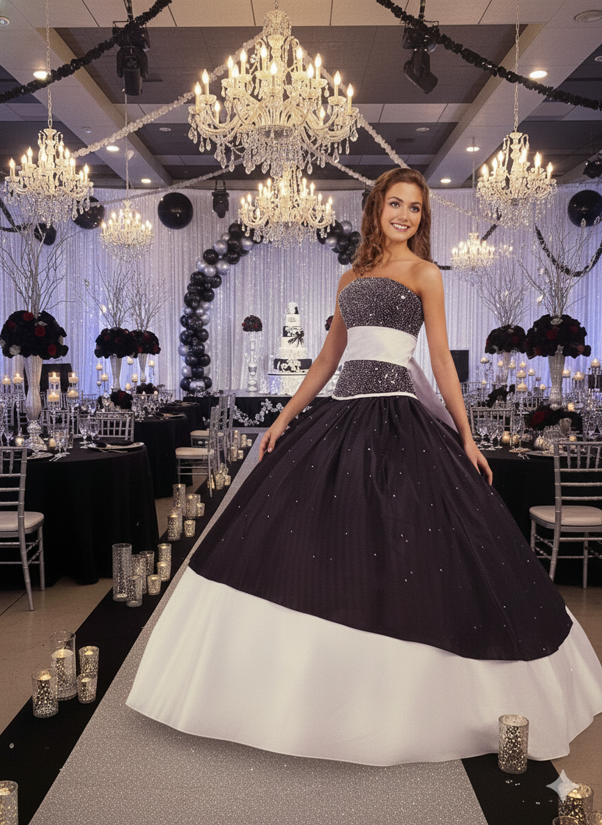 Monochrome Majesty Strapless Ball Gown