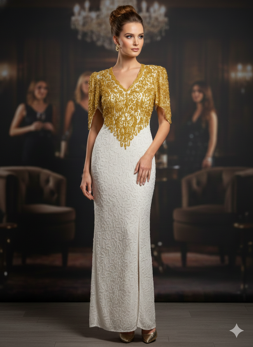 Ivory Gold Beaded Evening Gown