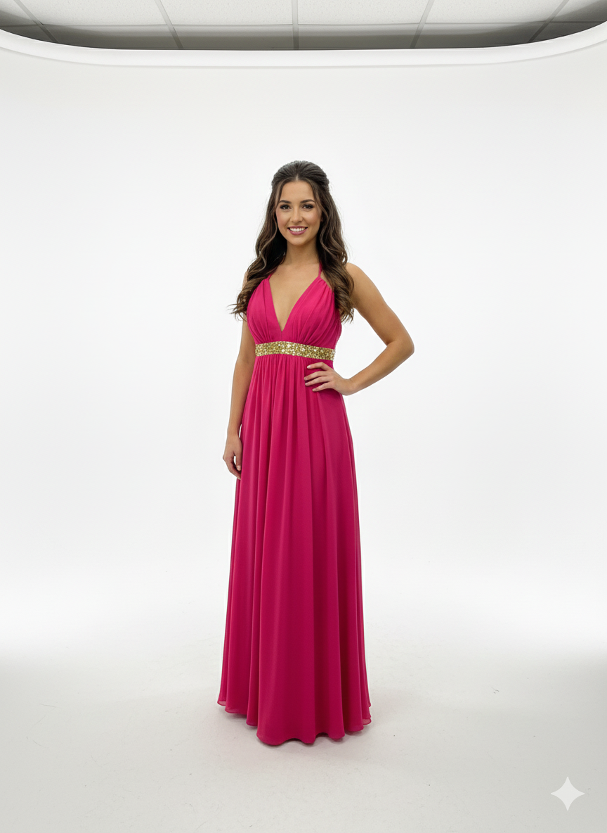 Fuchsia Halter Chiffon Prom Gown